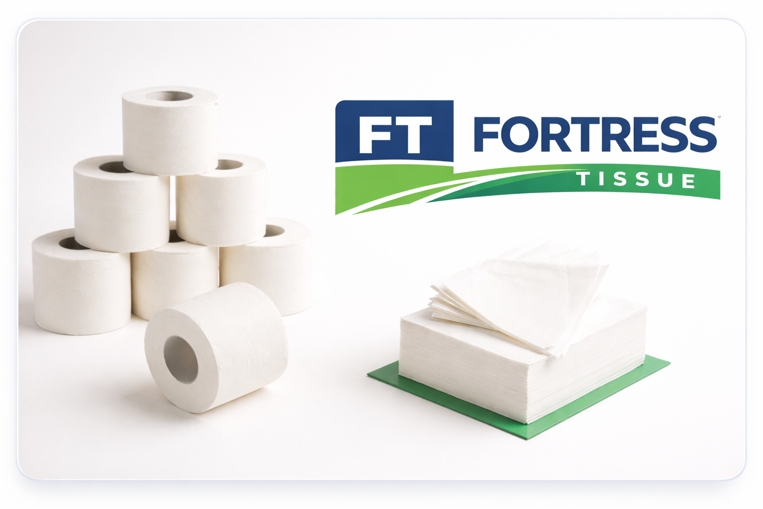 Rollos de tissue y servilletas apiladas, listas para suministro B2B